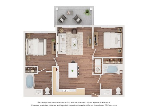 Floor plan for 2 beds, 2 baths, 852 sqft